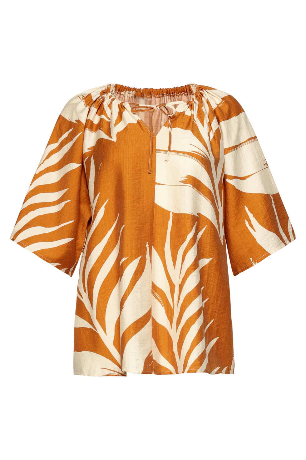 Tuniek Top Met Blad Print En Strikdetail In Oker Geel | Mustard - Off White - Image 2