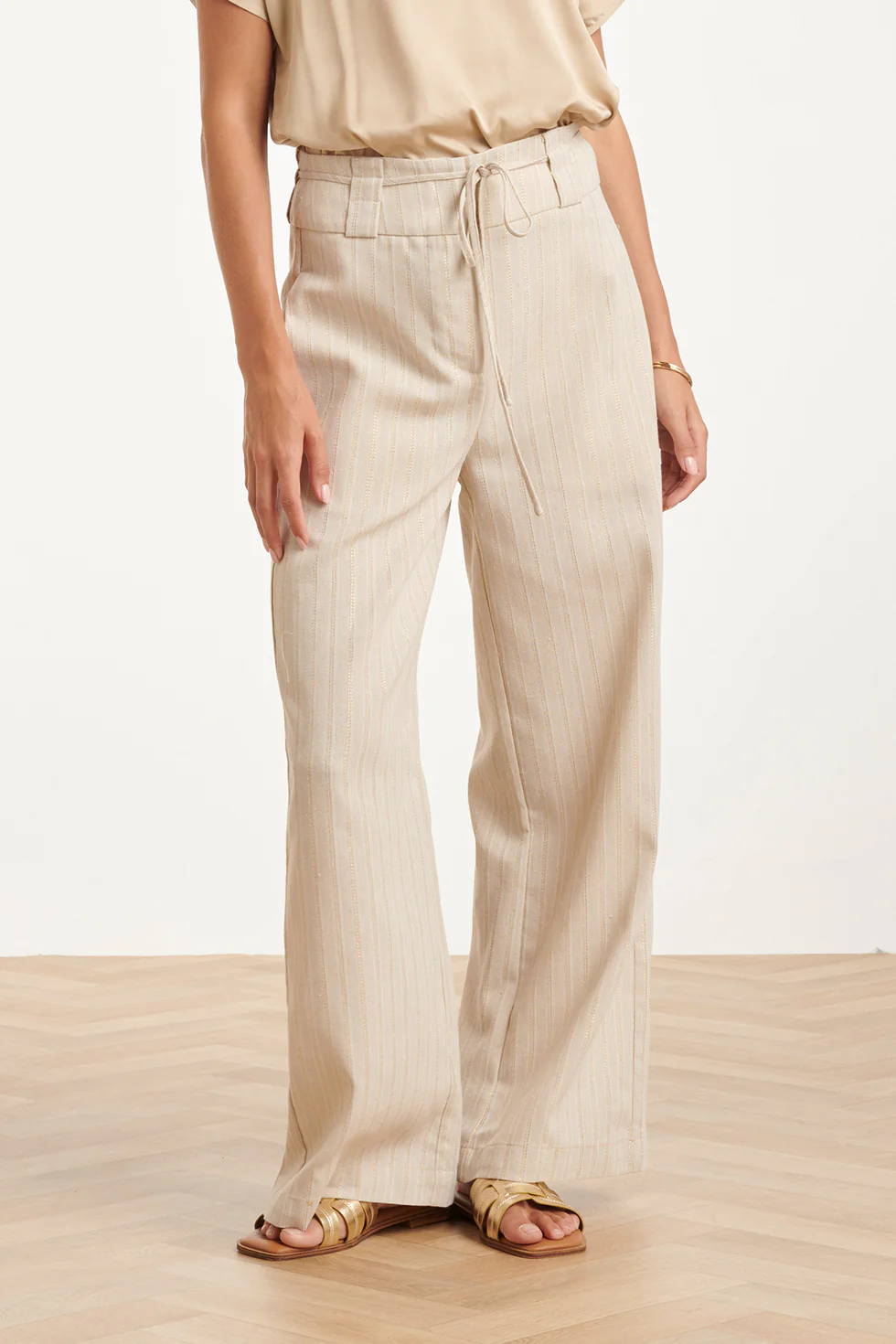 Wide Leg Pantalon Met Koordsluiting En Met Glitterdetail | Sand - Gold - Image 3