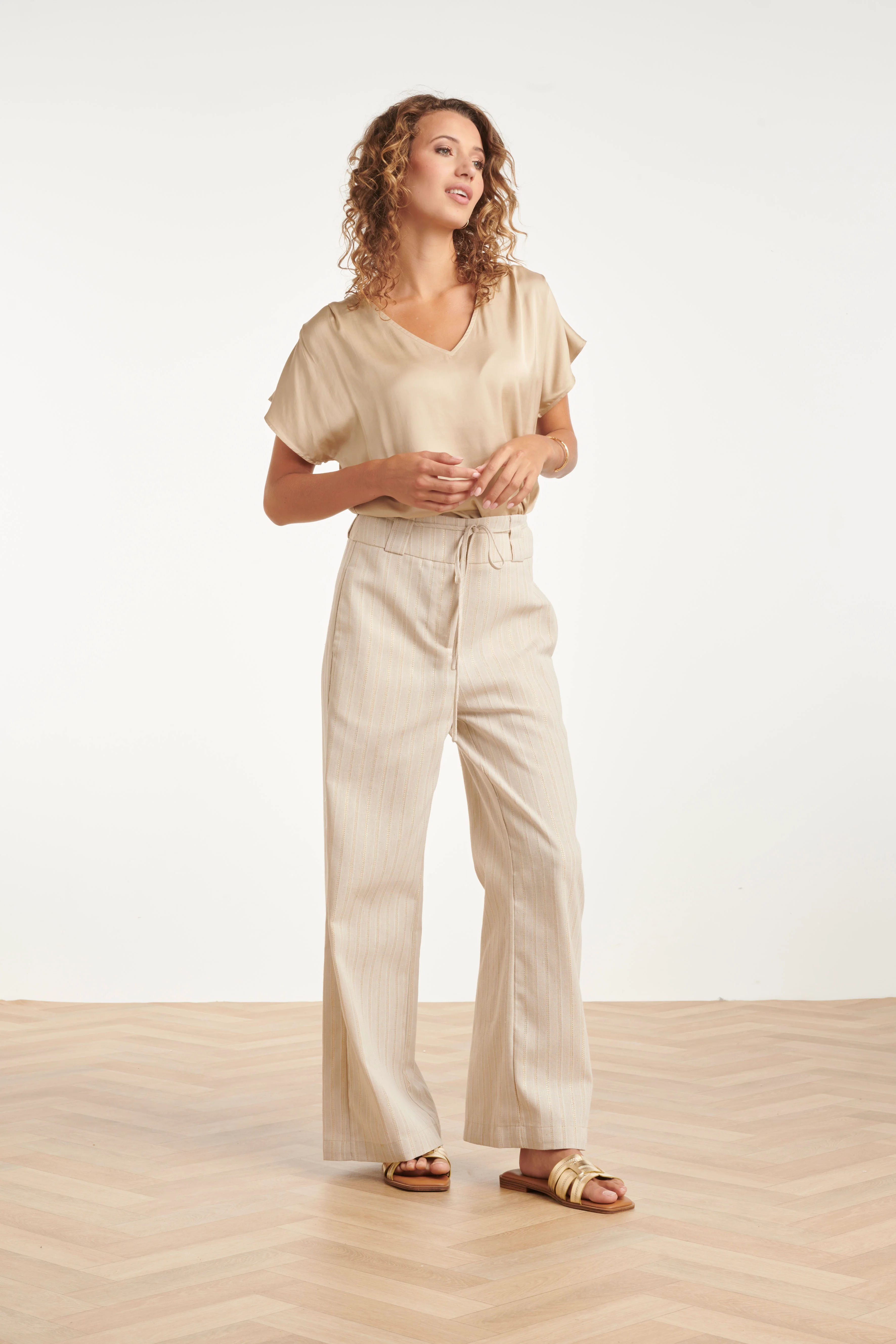 Wide Leg Pantalon Met Koordsluiting En Met Glitterdetail | Sand - Gold - Image 4