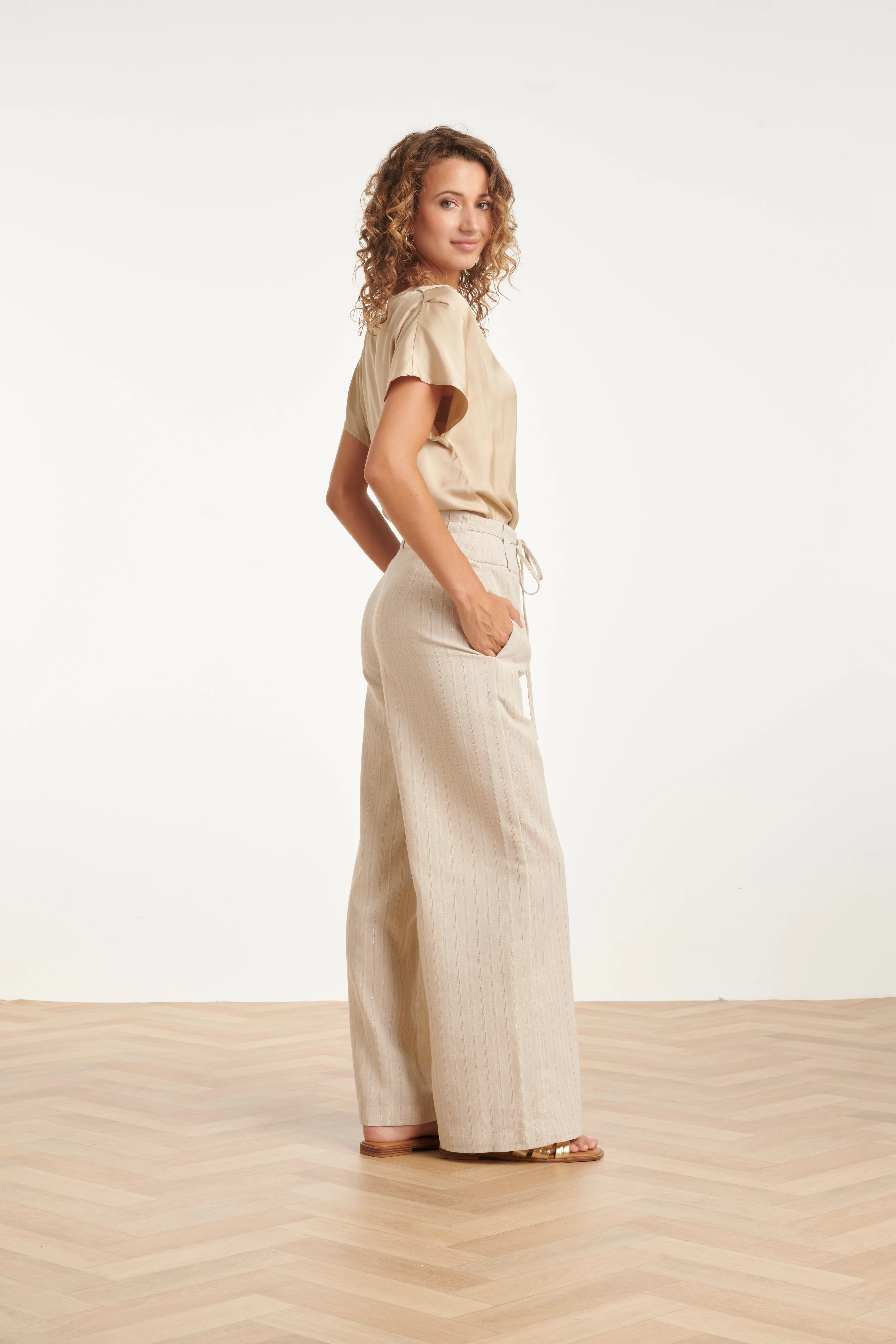 Wide Leg Pantalon Met Koordsluiting En Met Glitterdetail | Sand - Gold - Image 5