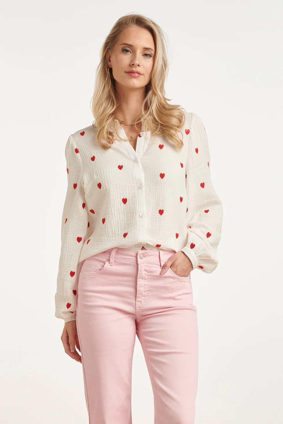 Witte Blouse Met Rode Hartjes Print | White - Red