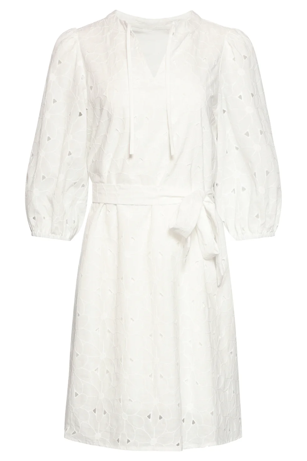 Witte Broderie Jurk Met V-Hals En Strikceintuur | White - Image 2