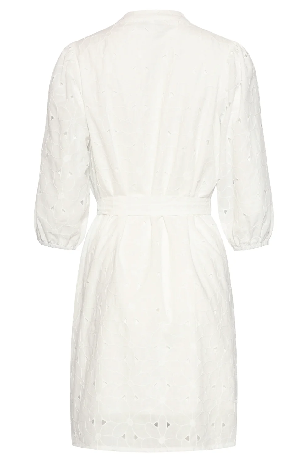 Witte Broderie Jurk Met V-Hals En Strikceintuur | White - Image 7