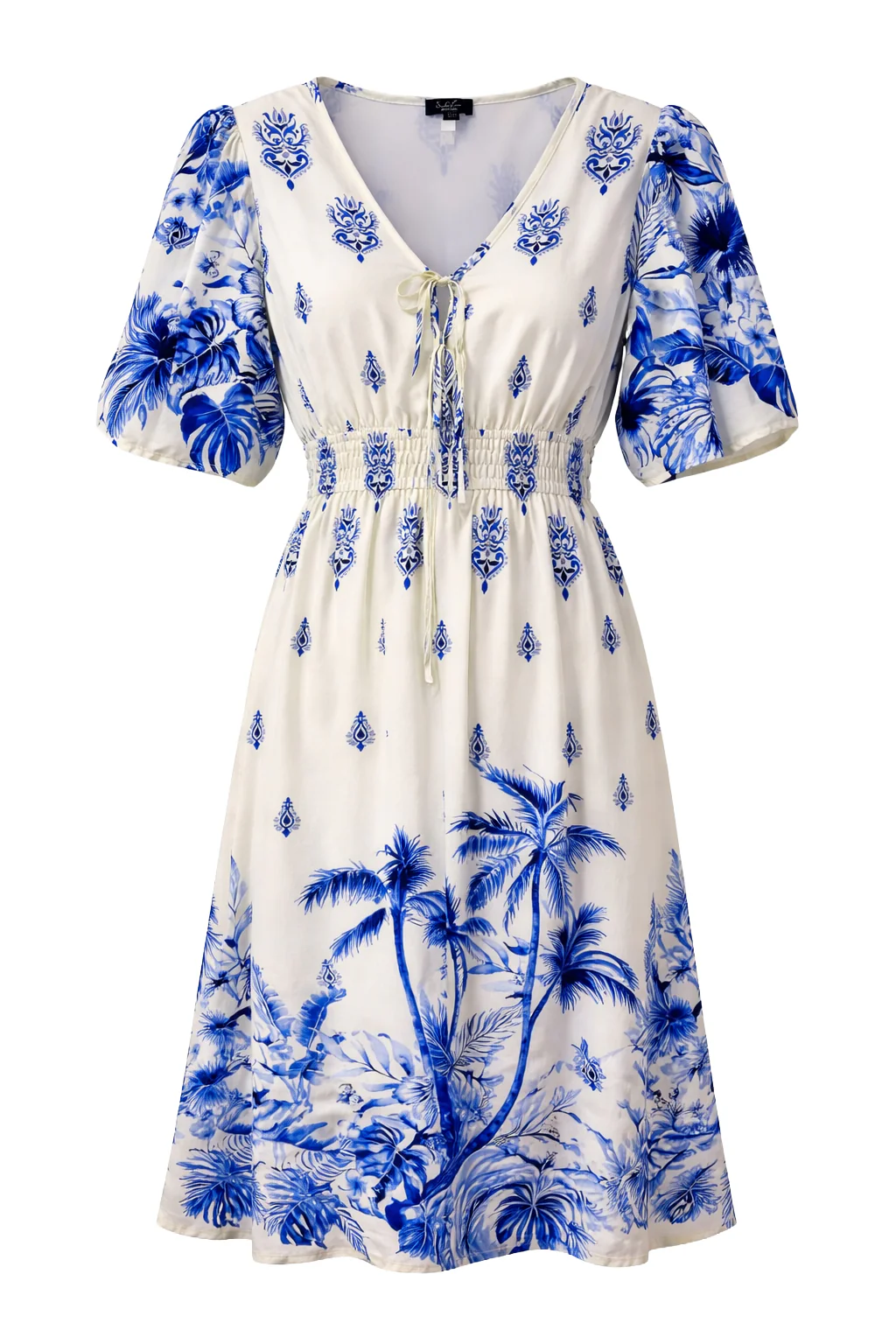 Witte Jurk Met Blauwe Print En Elastische Taille | Off White - Blue - Image 2