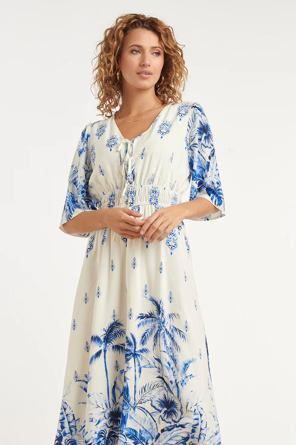 Witte Jurk Met Blauwe Print En Elastische Taille | Off White - Blue - Image 3