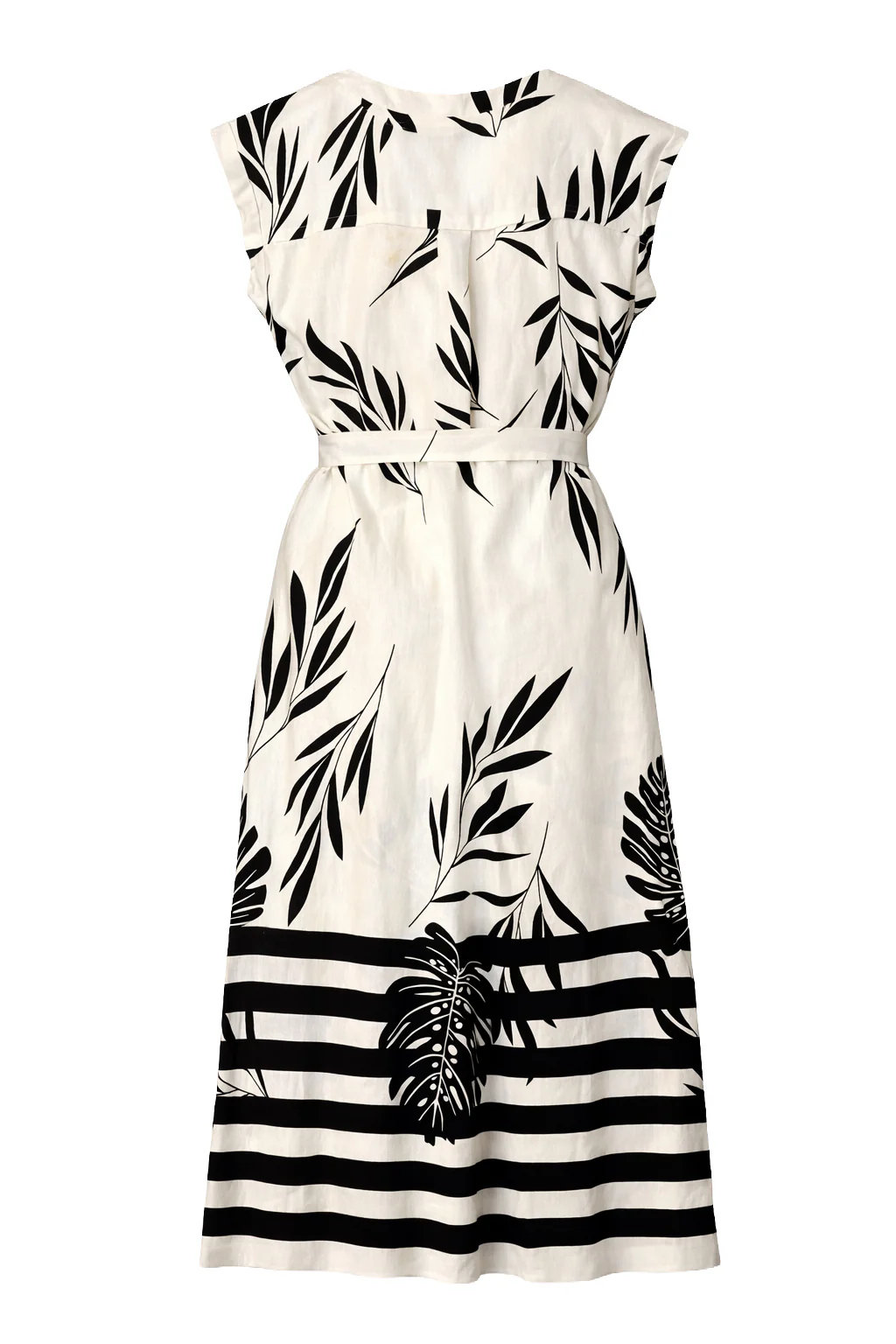 Witte Maxi Jurk Met Zwarte Bladerenprint En Gestreepte Zoom | Black White - Image 7