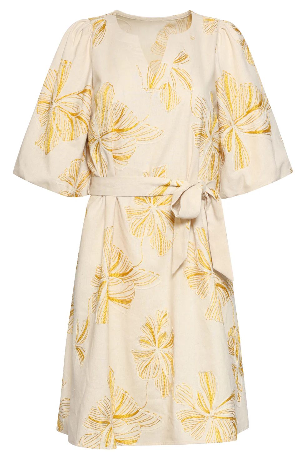 Zomerjurk Met Geel Geborduurde Bloemen En Tailleceintuur | Sand - Yellow - Image 2