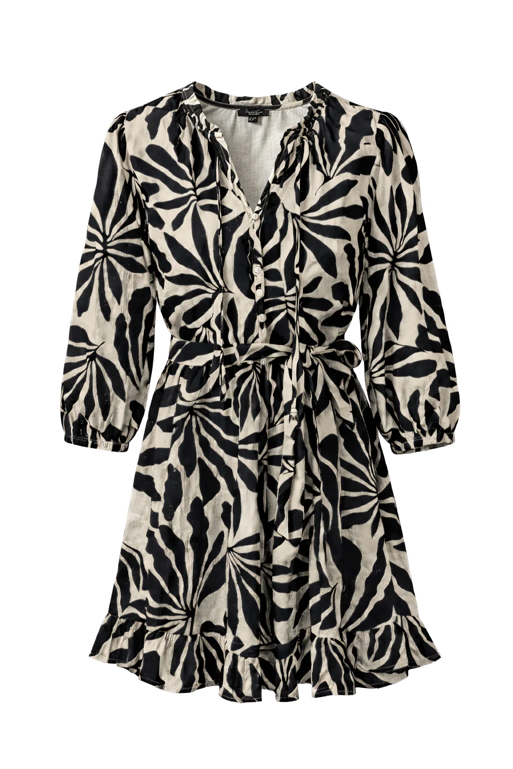 Zwart-Beige Bladerenprint Jurk Met Ceintuur | Black White - Image 2