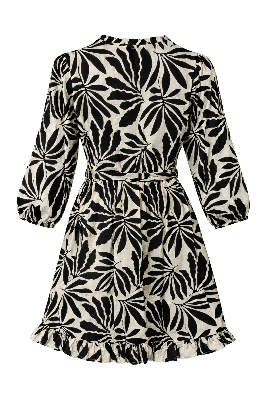 Zwart-Beige Bladerenprint Jurk Met Ceintuur | Black White - Image 7