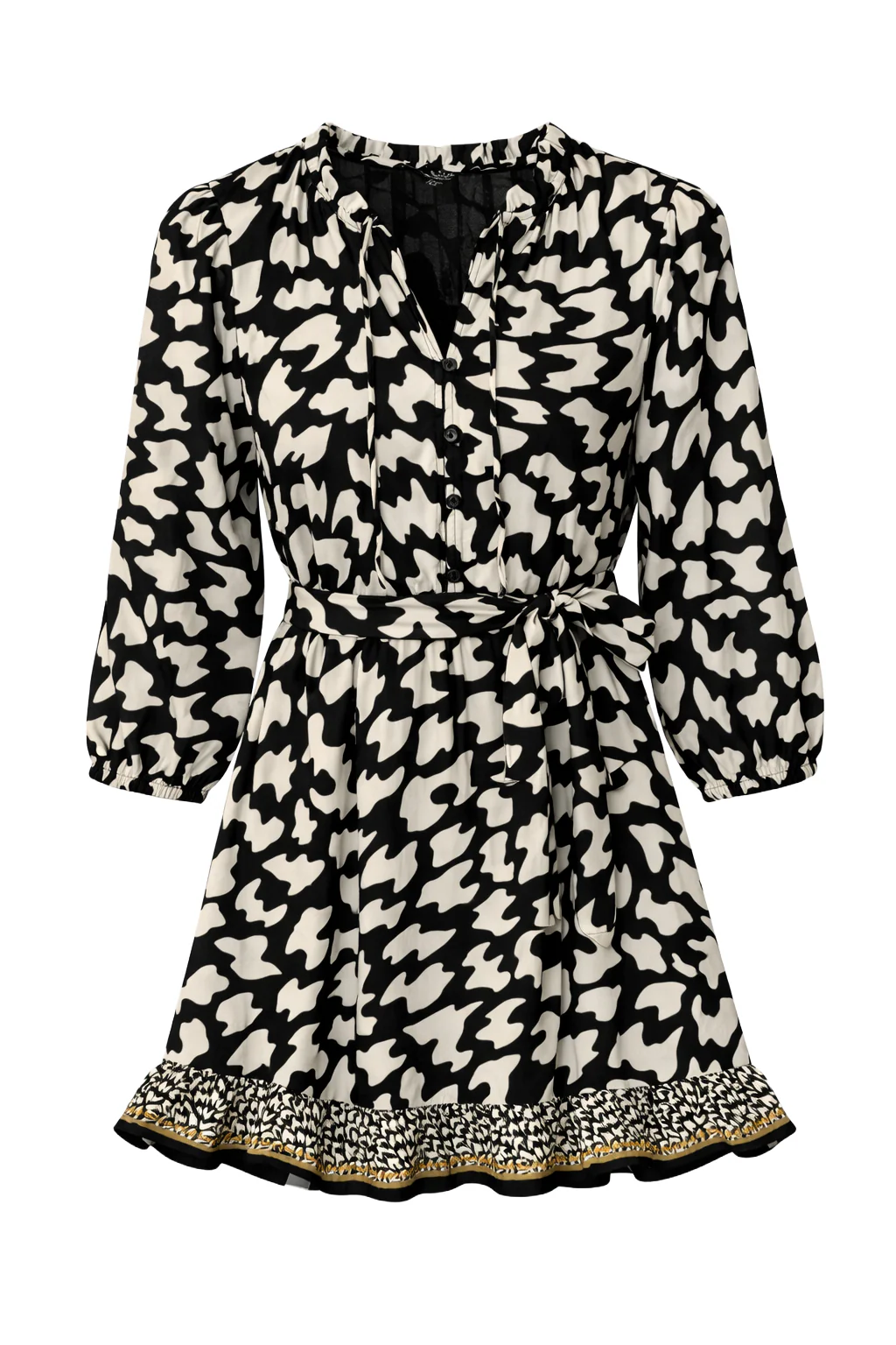 Zwart-Witte Dierachtig Print Jurk Met Ceintuur En Ruffle Detail | Black White - Image 2