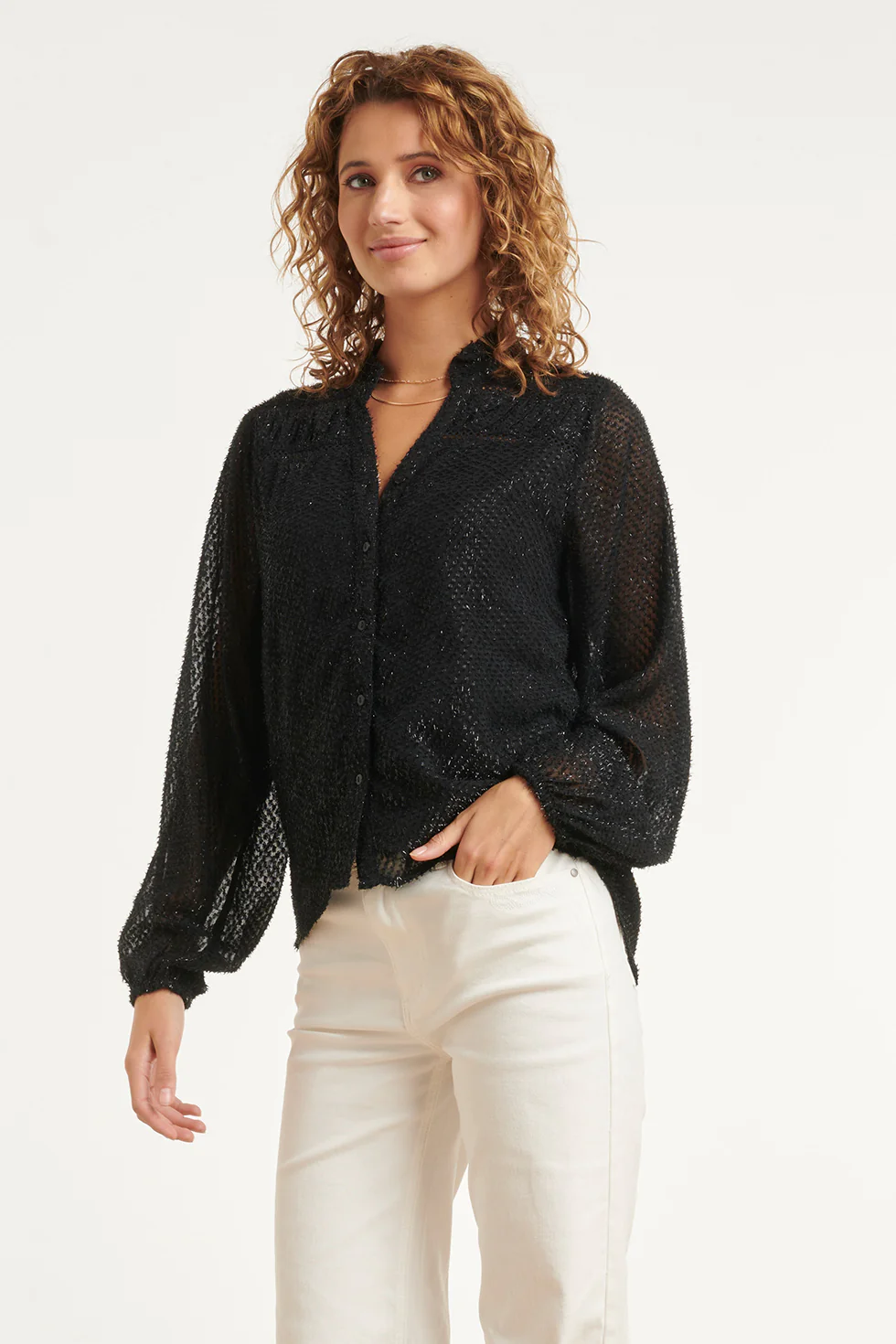 Zwarte Blouse Met Lurex Structuur En Knoopsluiting | Black - Image 4