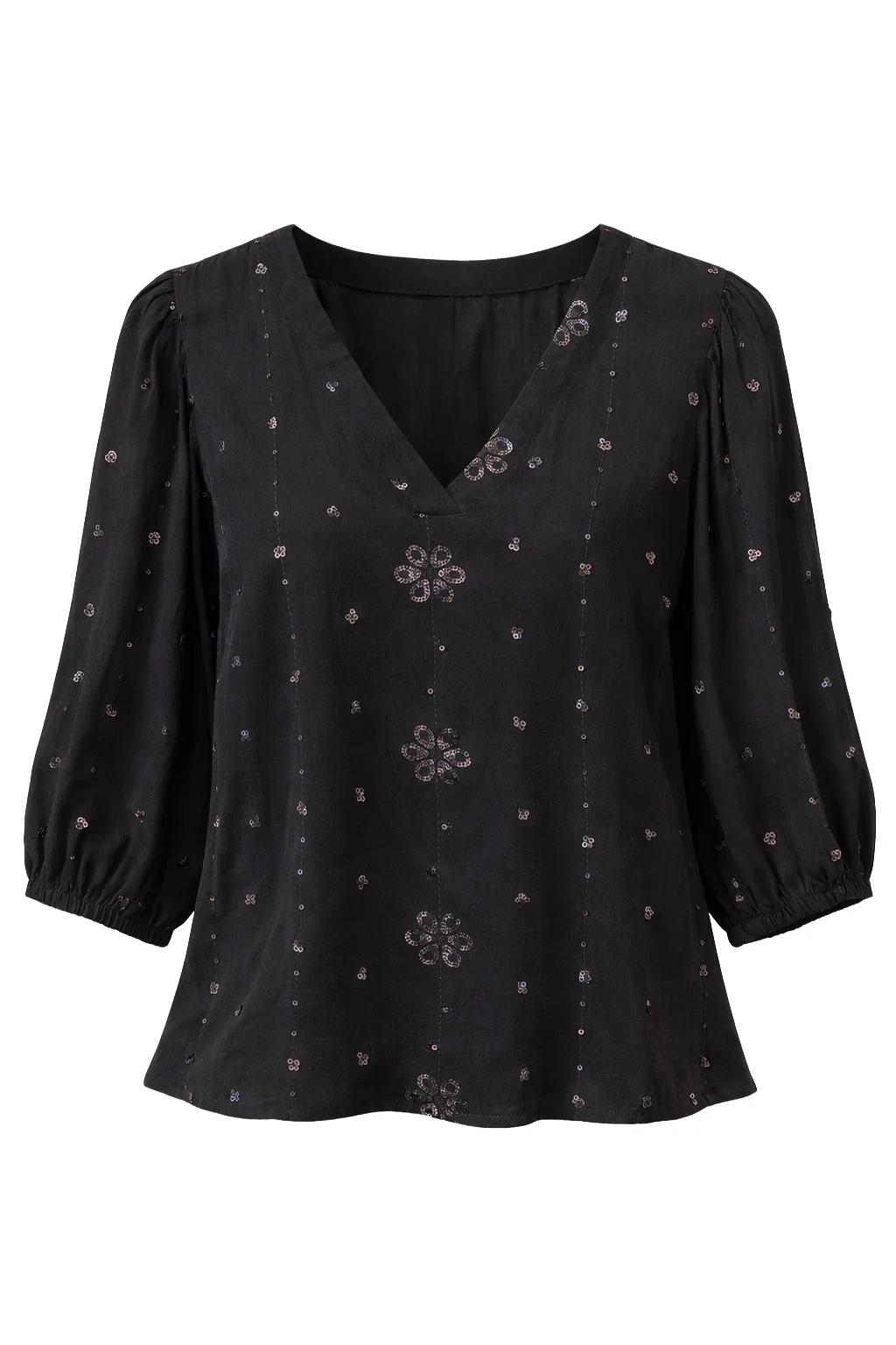 Zwarte Blouse Met Subtiel Goudkleurig Borduursel En V-Hals | Black - Image 2