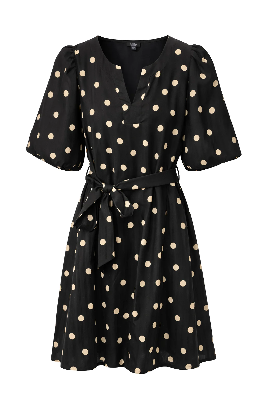 Zwarte Jurk Met Beige Stippenprint En Strikceintuur | Black - Brown - Image 2
