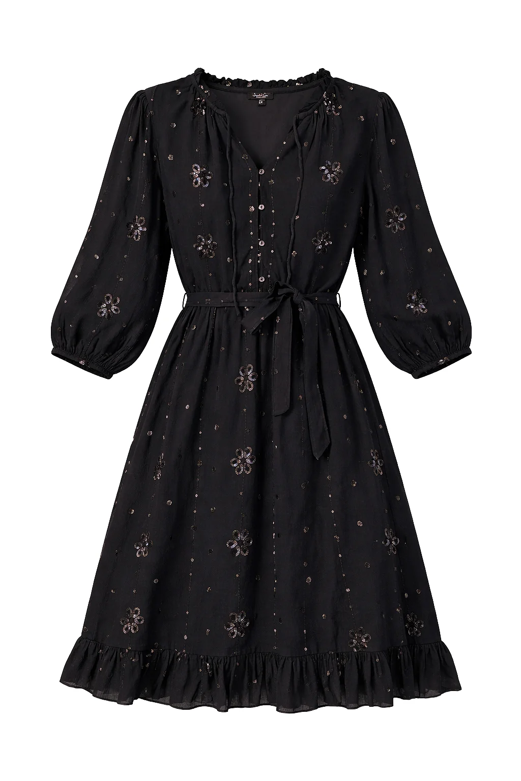 Zwarte Midi Jurk Met Subtiel Goudkleurig Bloem Borduursel | Black - Image 2