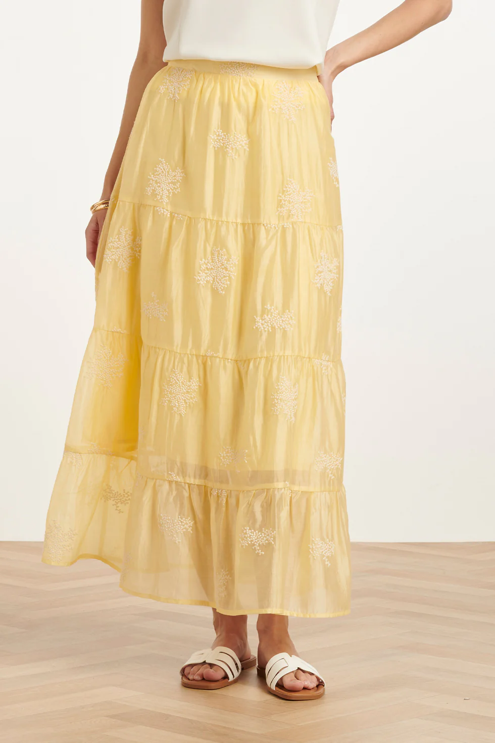 Zwierige Maxi-Rok Met Geborduurde Print En Stroken | Light Yellow - Image 3